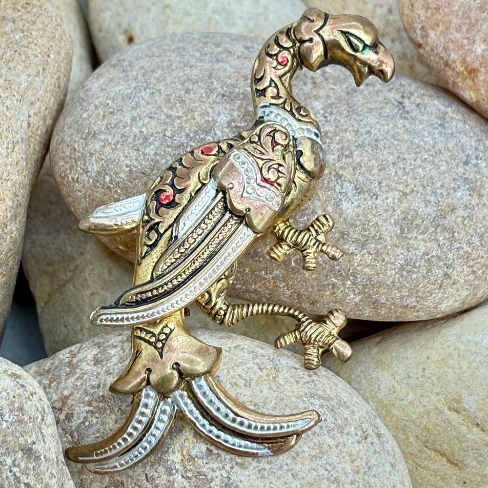 Vintage Damascene Bird Brooch | Toledo Spain Gold Black Red Enamel Parrot Pin - Picture 3 of 11